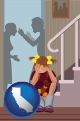 california map icon and a heartsick little girl listens to her parents arguing