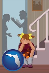 florida map icon and a heartsick little girl listens to her parents arguing