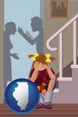illinois map icon and a heartsick little girl listens to her parents arguing