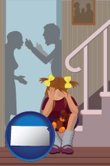 kansas map icon and a heartsick little girl listens to her parents arguing