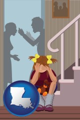louisiana map icon and a heartsick little girl listens to her parents arguing
