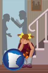 minnesota map icon and a heartsick little girl listens to her parents arguing