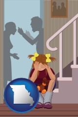 missouri map icon and a heartsick little girl listens to her parents arguing