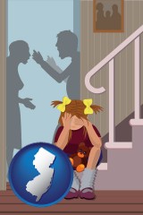 new-jersey map icon and a heartsick little girl listens to her parents arguing