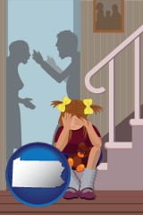 pennsylvania map icon and a heartsick little girl listens to her parents arguing