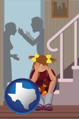 texas map icon and a heartsick little girl listens to her parents arguing