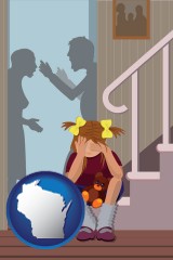 wisconsin map icon and a heartsick little girl listens to her parents arguing