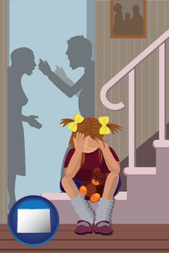 a heartsick little girl listens to her parents arguing - with Colorado icon