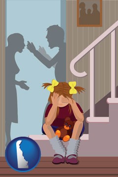 a heartsick little girl listens to her parents arguing - with Delaware icon