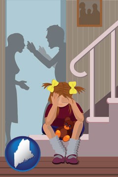 a heartsick little girl listens to her parents arguing - with Maine icon